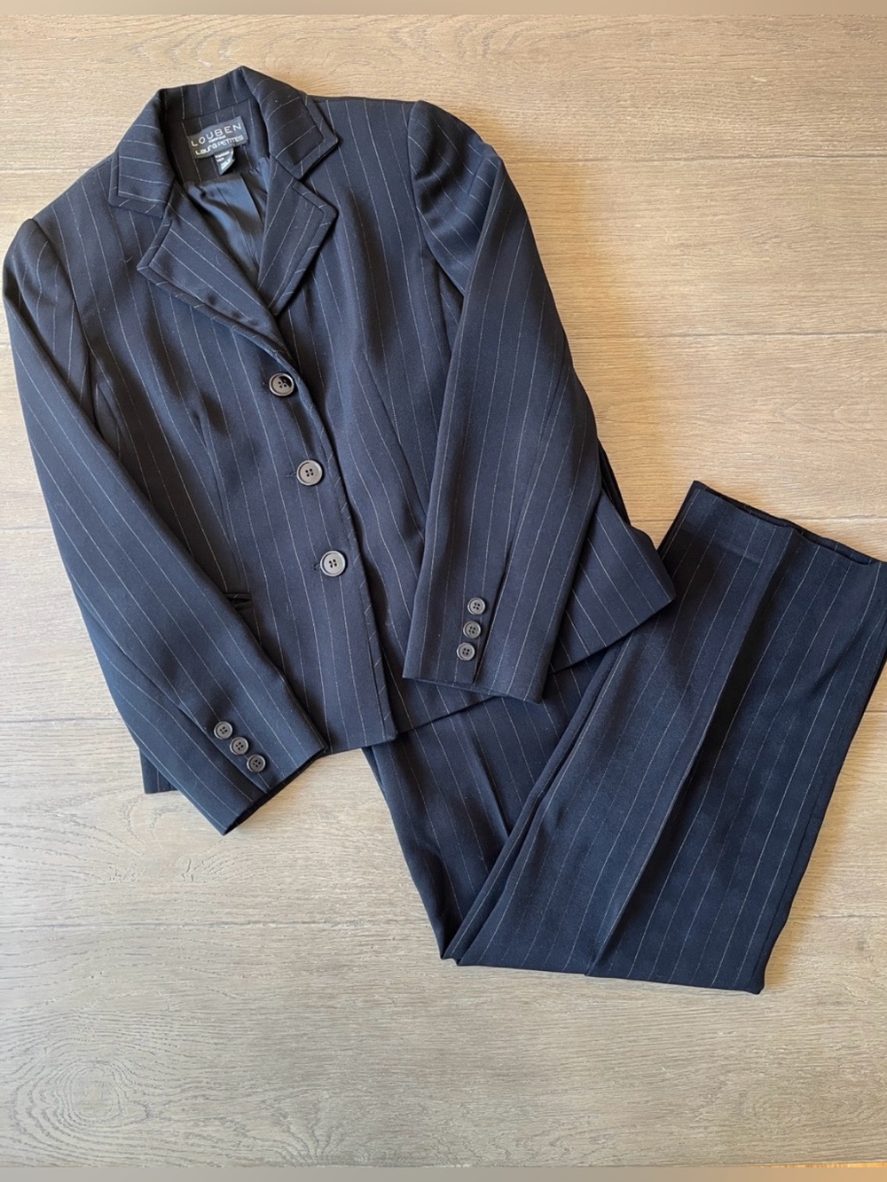 Womens Black Pinstripe Pantsuit, Size 2P